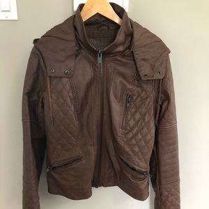 Brown pleather jacket with detachable hood